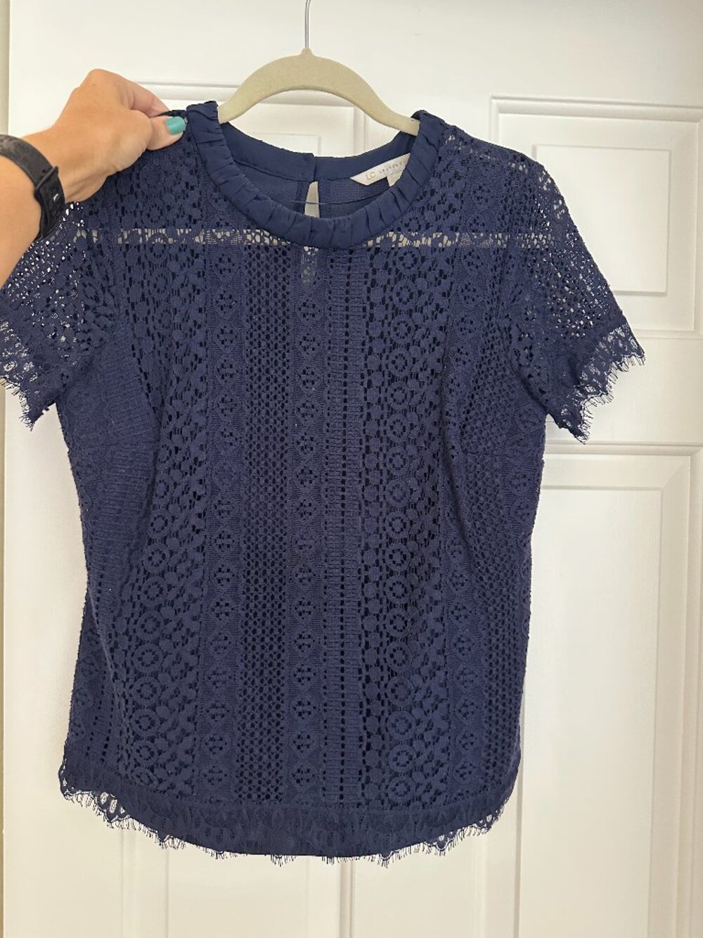 LC Lauren Conrad navy blue floral lace blouse